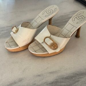 CHANEL White and Gold Heeled Mules
